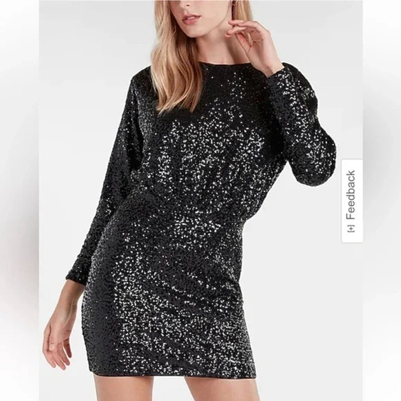 NEW Express Sequin Long Sleeve Padded Shoulder Mini Dress Black XS - Picture 1 of 14